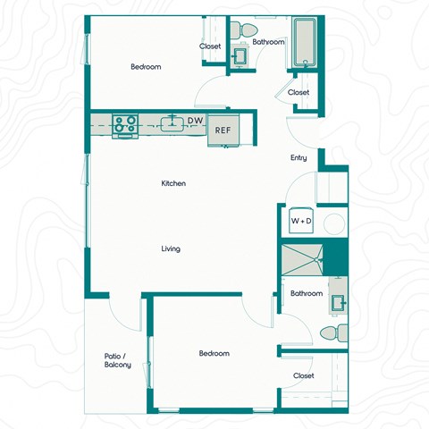 Floor plan for 2 beds, 2 baths, 949 sqft